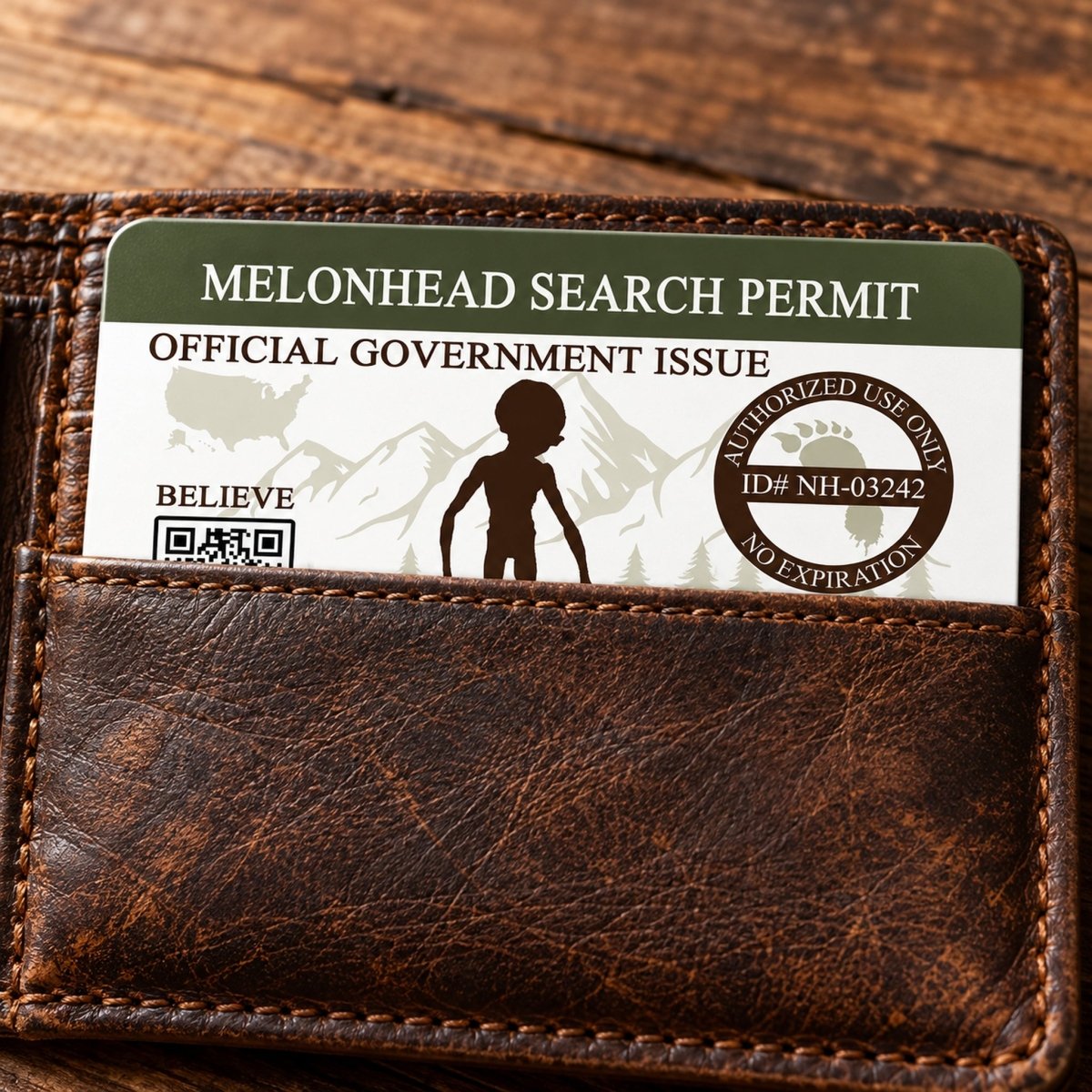 a brown leather wallet containing a government-issued identification card, specifically a "MELONHEAD SEARCH PERMIT" card.