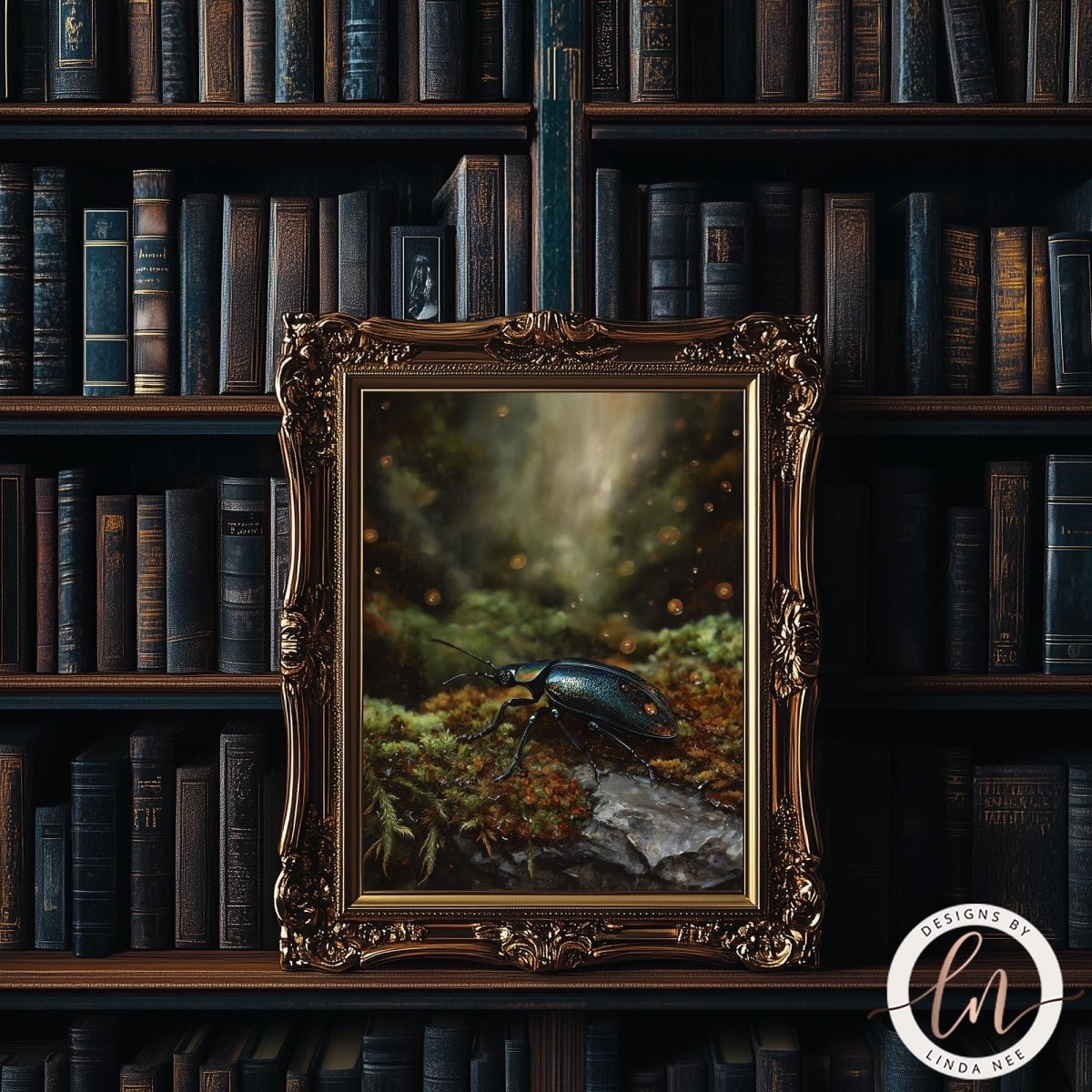 a large, ornate gold frame containing a painting of a beetle on moss. The painting is set against a dark background with a bookshelf filled with books visible in the background.