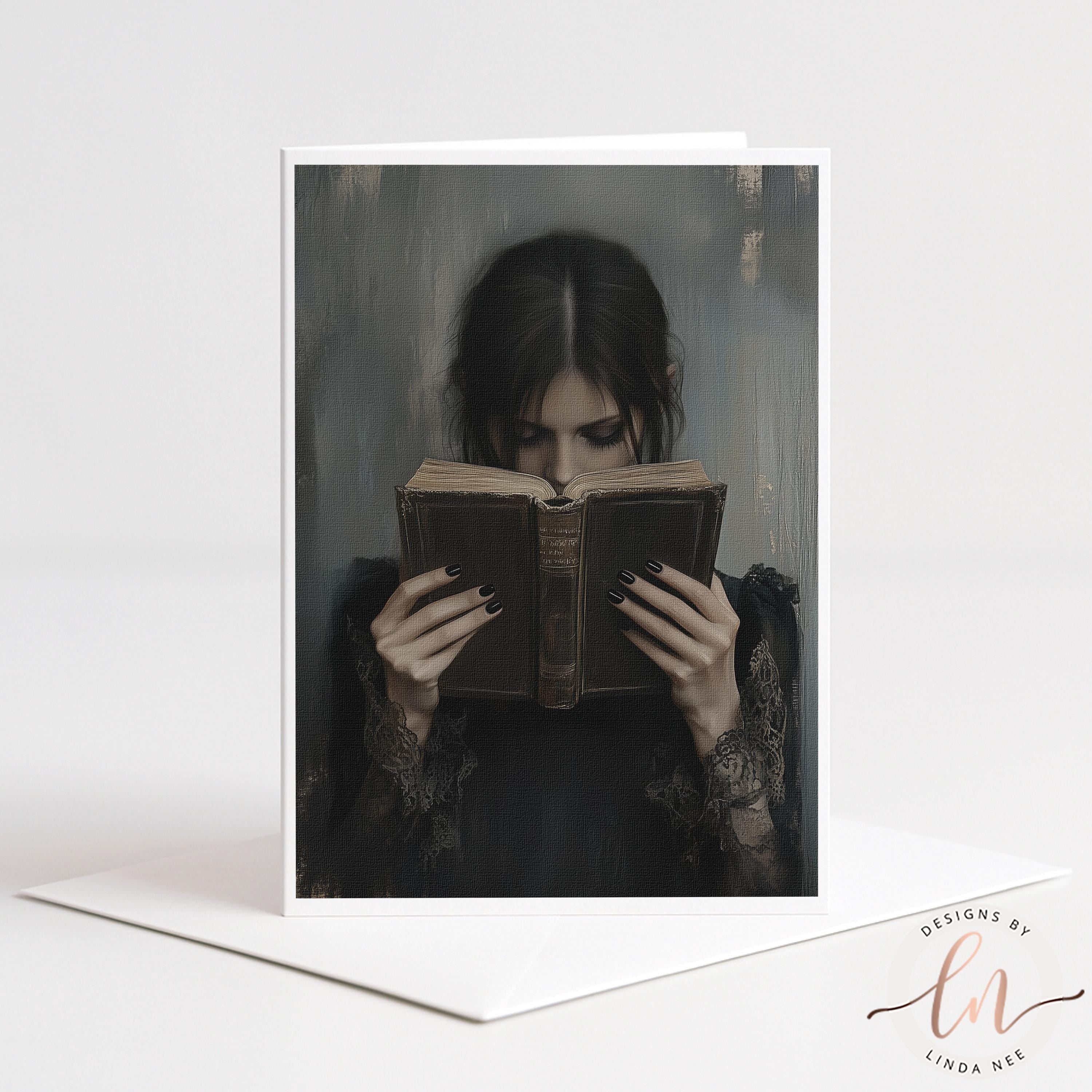 A woman is reading a book with a serious expression on her face.