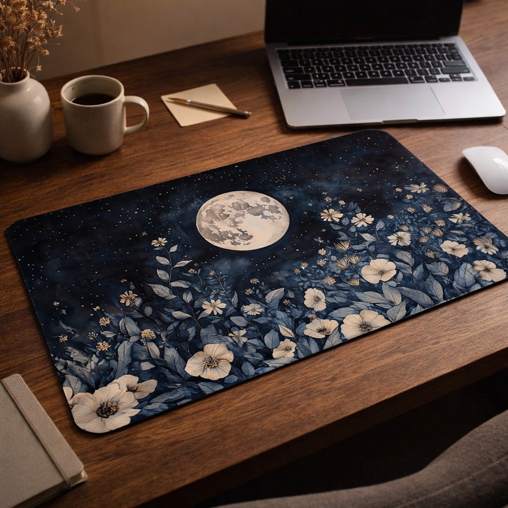 Desk setup with a decorative mouse pad featuring a moon and floral design, laptop, mug, and pen.