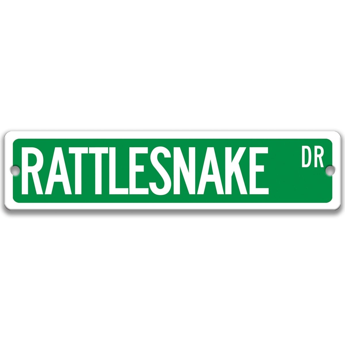 Rattlesnake metal street sign with a green background reading RATTLESNAKE DR