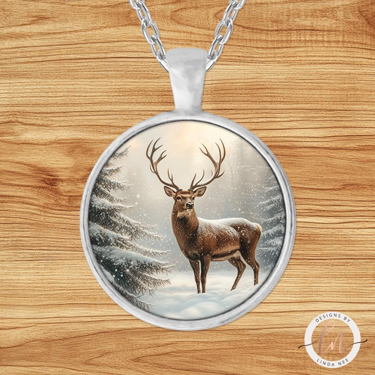 Winter Deer Evergreen Forest Pendant Necklace