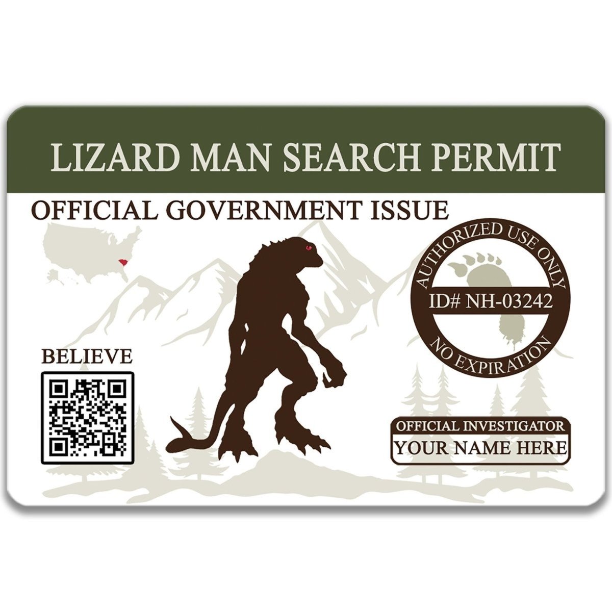 The image is a sticker or permit for a lizard man search permit, featuring a silhouette of a lizard-like creature and a mountain landscape.