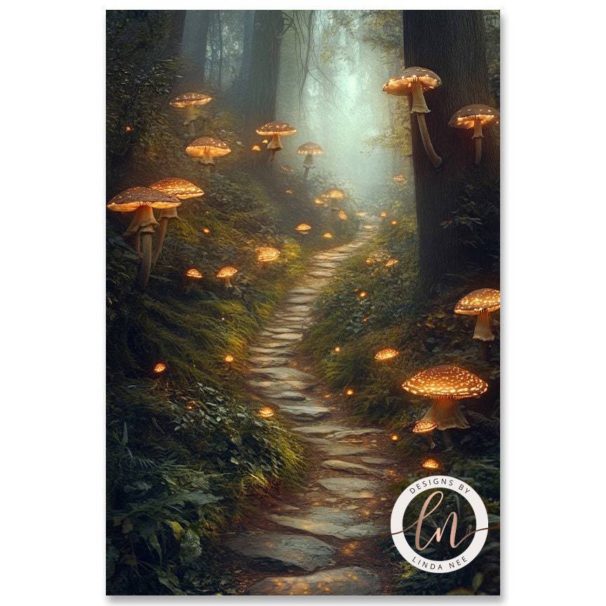 A winding path through a lush, green forest, with glowing mushrooms and fireflies illuminating the scene.
