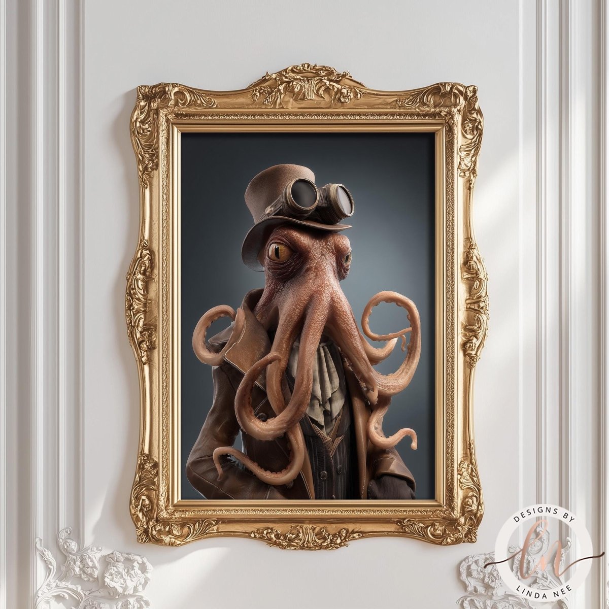 A framed image of an octopus wearing a top hat and goggles, with a dark background.