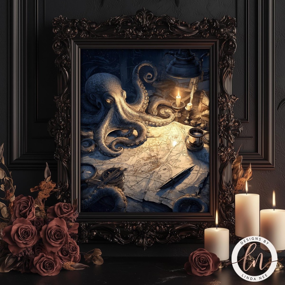 an ornate frame with a painting of an octopus inside, surrounded by candles and flowers.