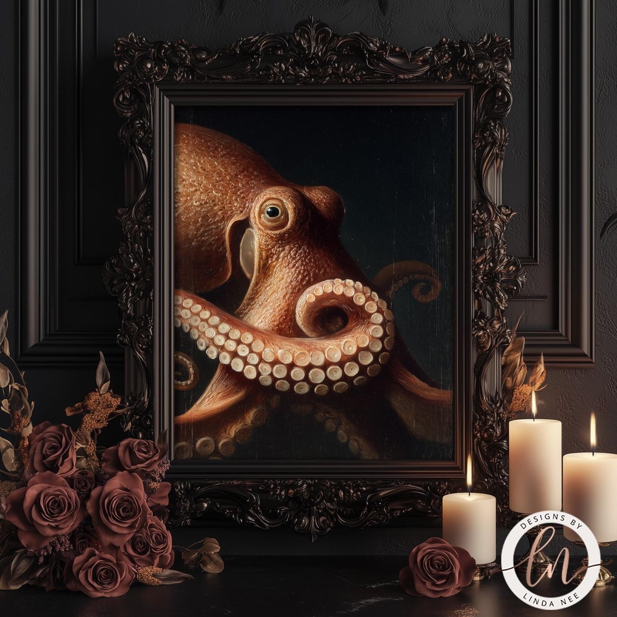 an octopus in a frame, surrounded by candles and roses, creating a romantic and mysterious atmosphere.