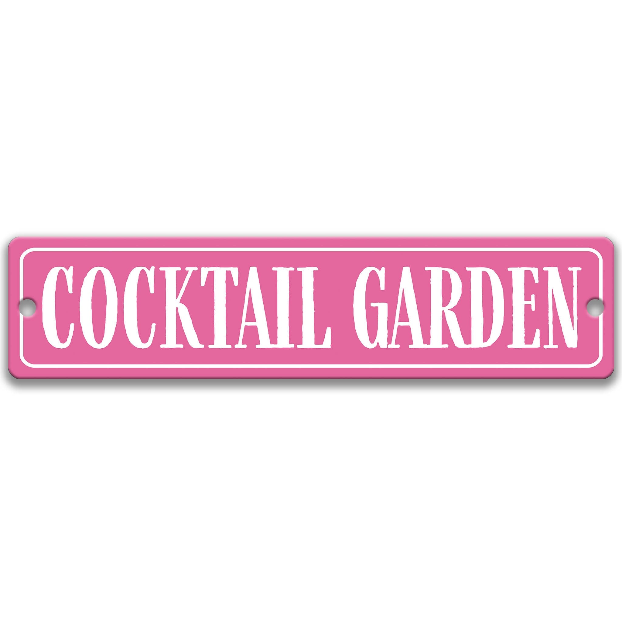 A pink rectangular sign with the text "COCKTAIL GARDEN" in white letters.