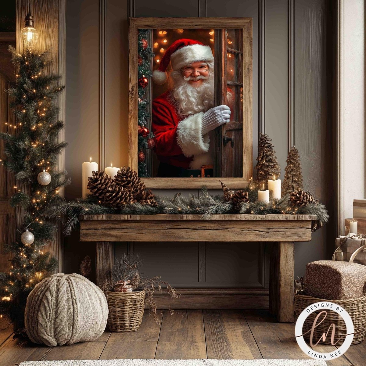 Santa Claus peeking through a frosted window with Christmas lights nearby