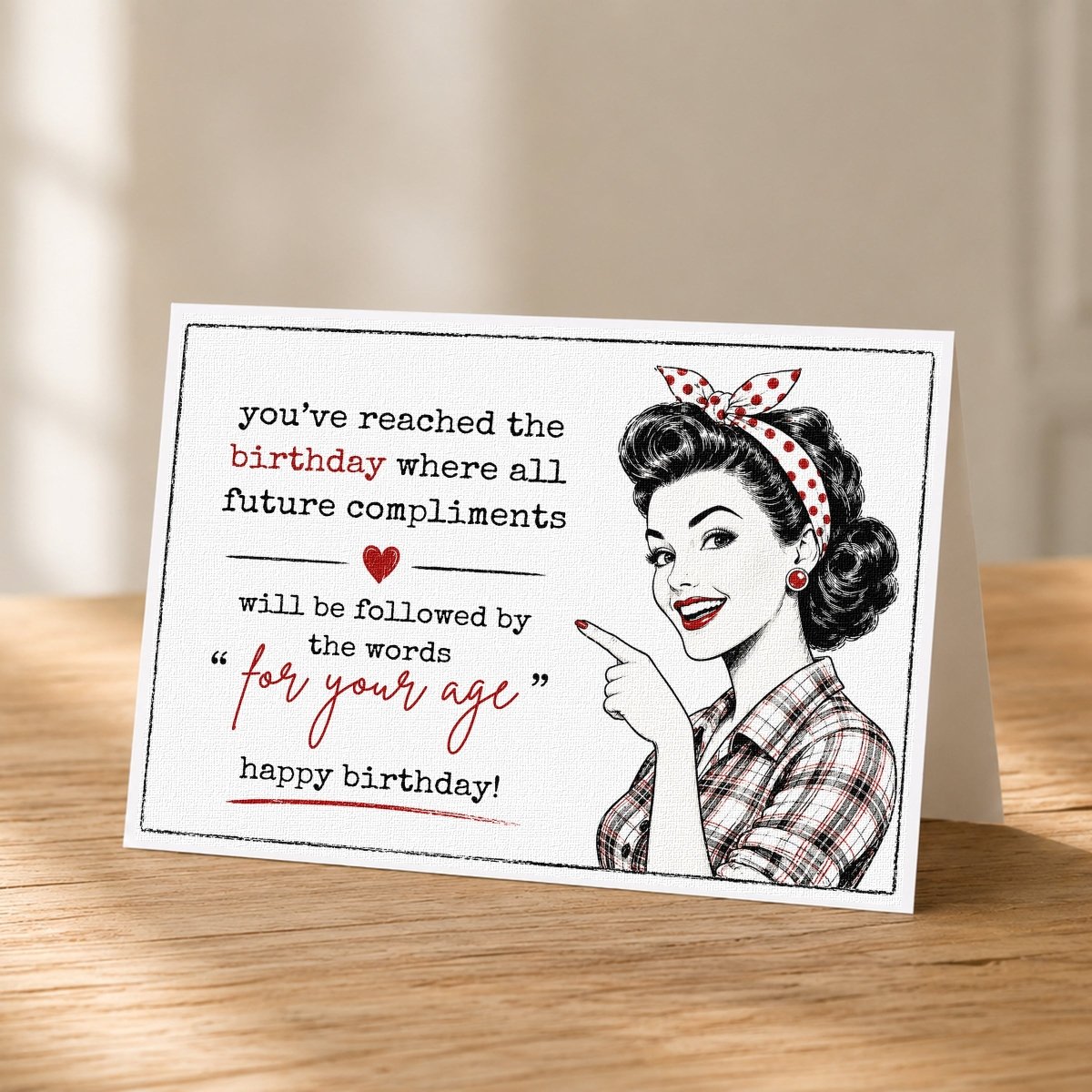 Close-up of the Retro Pin Up Birthday Card for Sister showing the pin-up illustration and typewriter text.