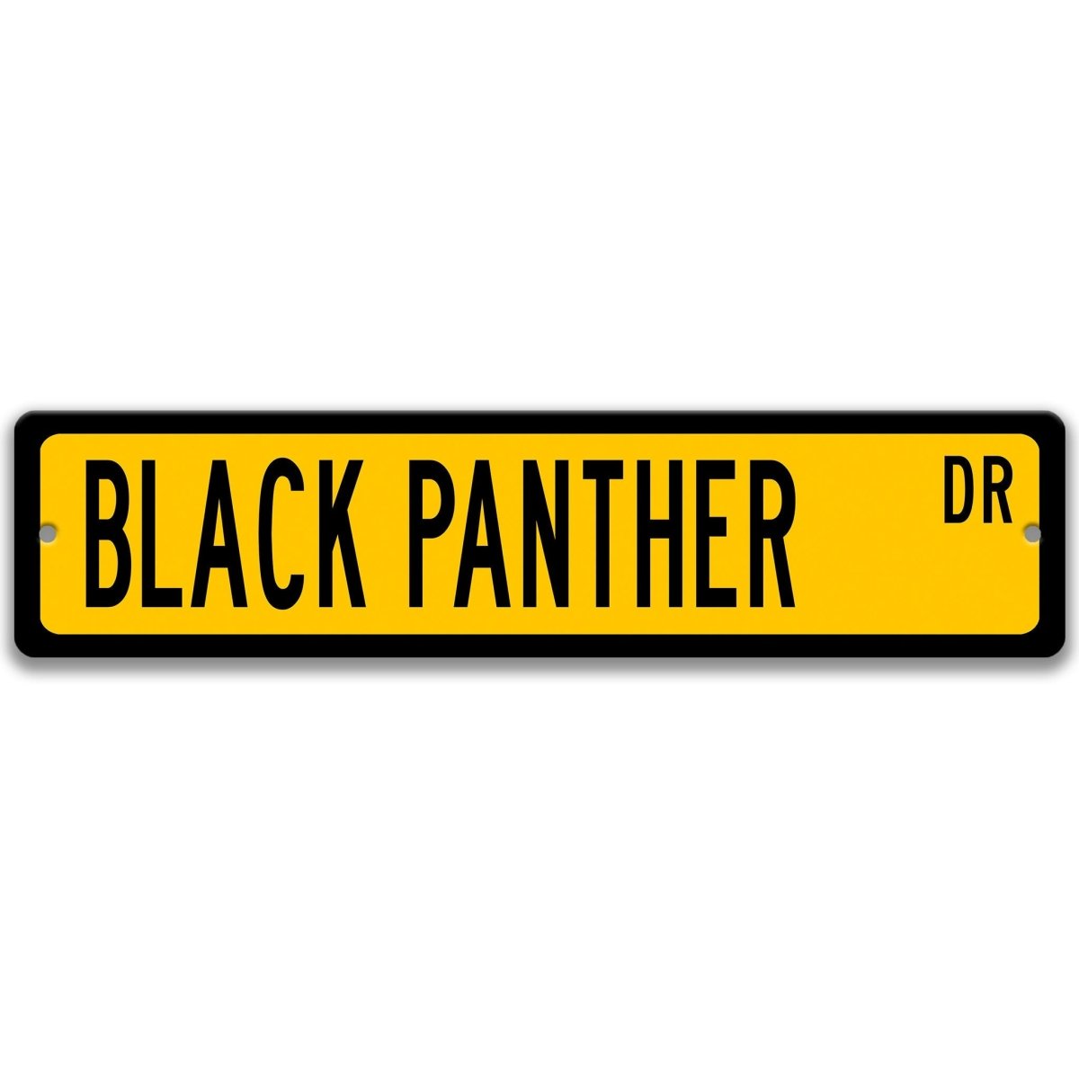 Black Panther metal street sign with a yellow background reading BLACK PANTHER DR