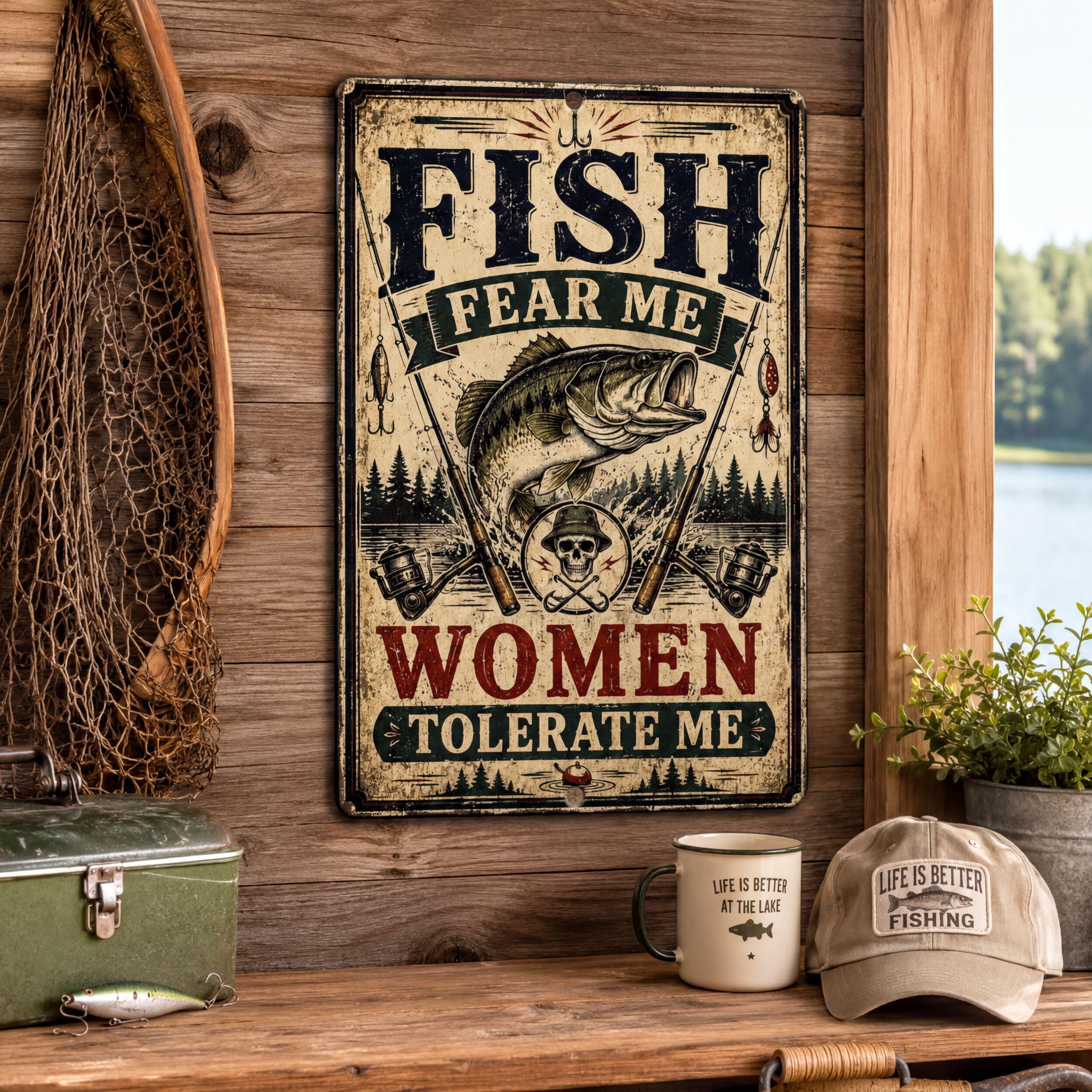 a rustic wooden wall with a vintage-style sign that reads "FISH FEAR ME WOMEN TOLERATE ME" and a fishing net. Next to the sign, there is a mug and a hat, suggesting a fishing-themed setting.