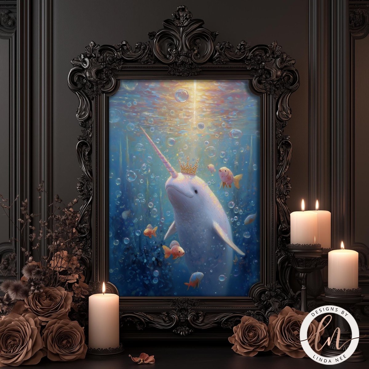 a painting of a unicorn with a crown, surrounded by bubbles and fish, set within an ornate frame. The painting is displayed on a dark background, with candles and flowers arranged around it.