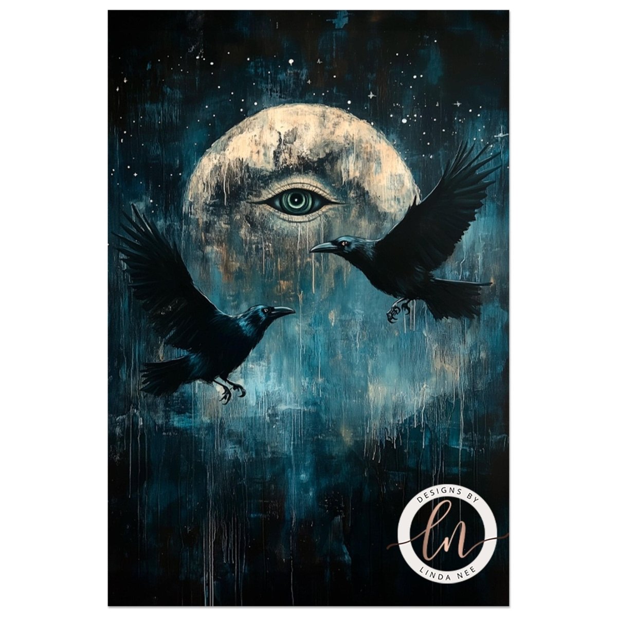 All seeing eye artwork with ravens flying through a dark night sky