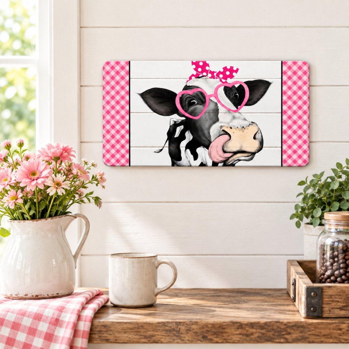 Pink Heifer sign on a wall above a shelf with plants