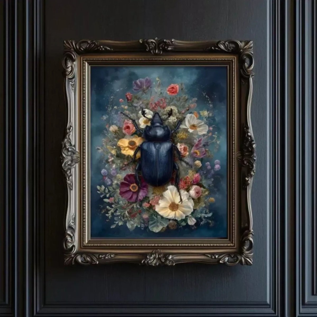 Iridescent blue beetle resting among a vivid floral arrangement