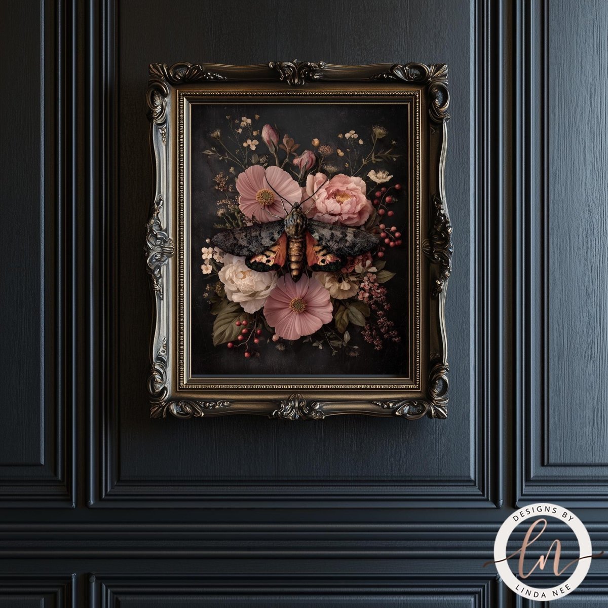 a framed painting of a butterfly resting on a floral arrangement.