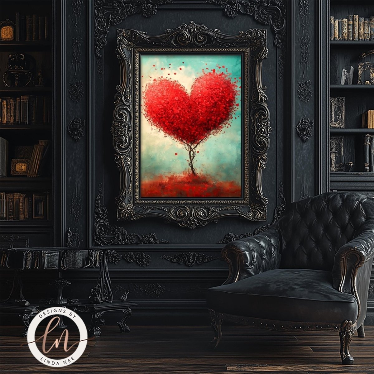 Heart shaped tree with vibrant red leaves and floating petals