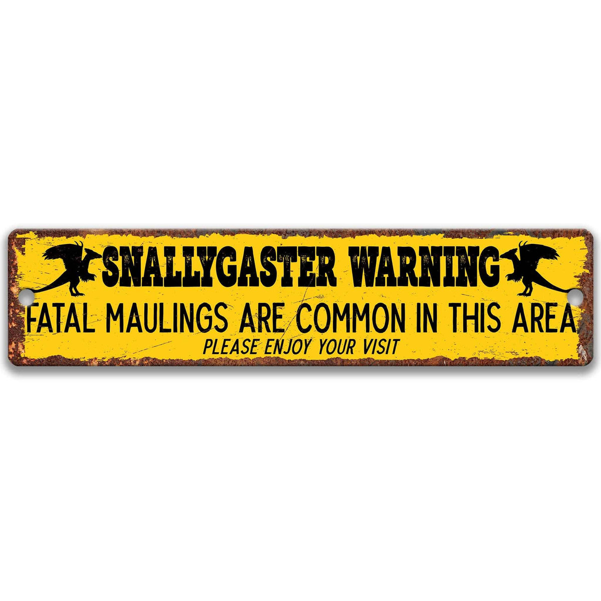 Snallygaster warning metal sign, yellow national-park style, fatal maulings are common in this area, please enjoy your visit, flanked by snallygaster silhouettes