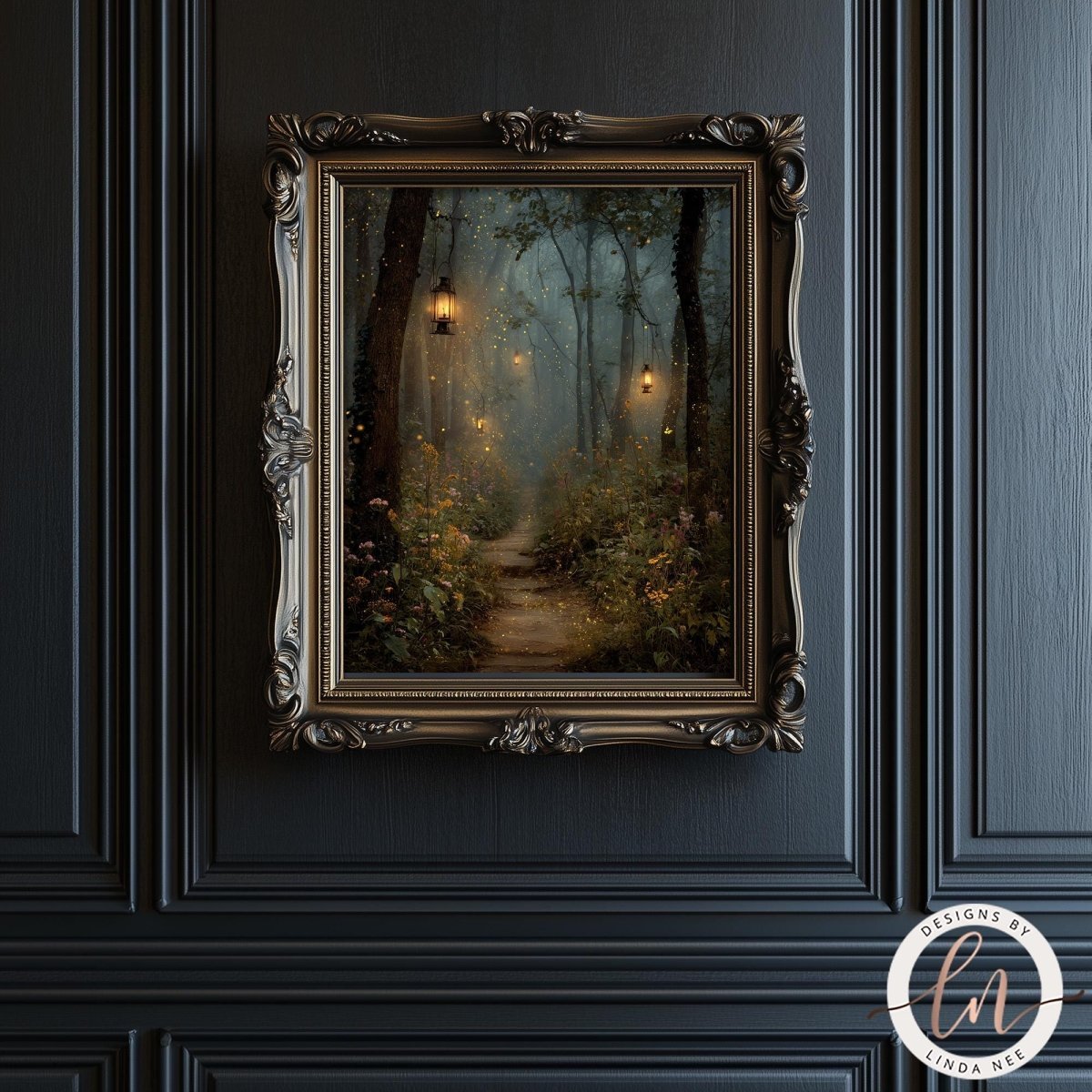 a painting of a forest path with lanterns hanging from the trees, creating a serene and atmospheric scene.
