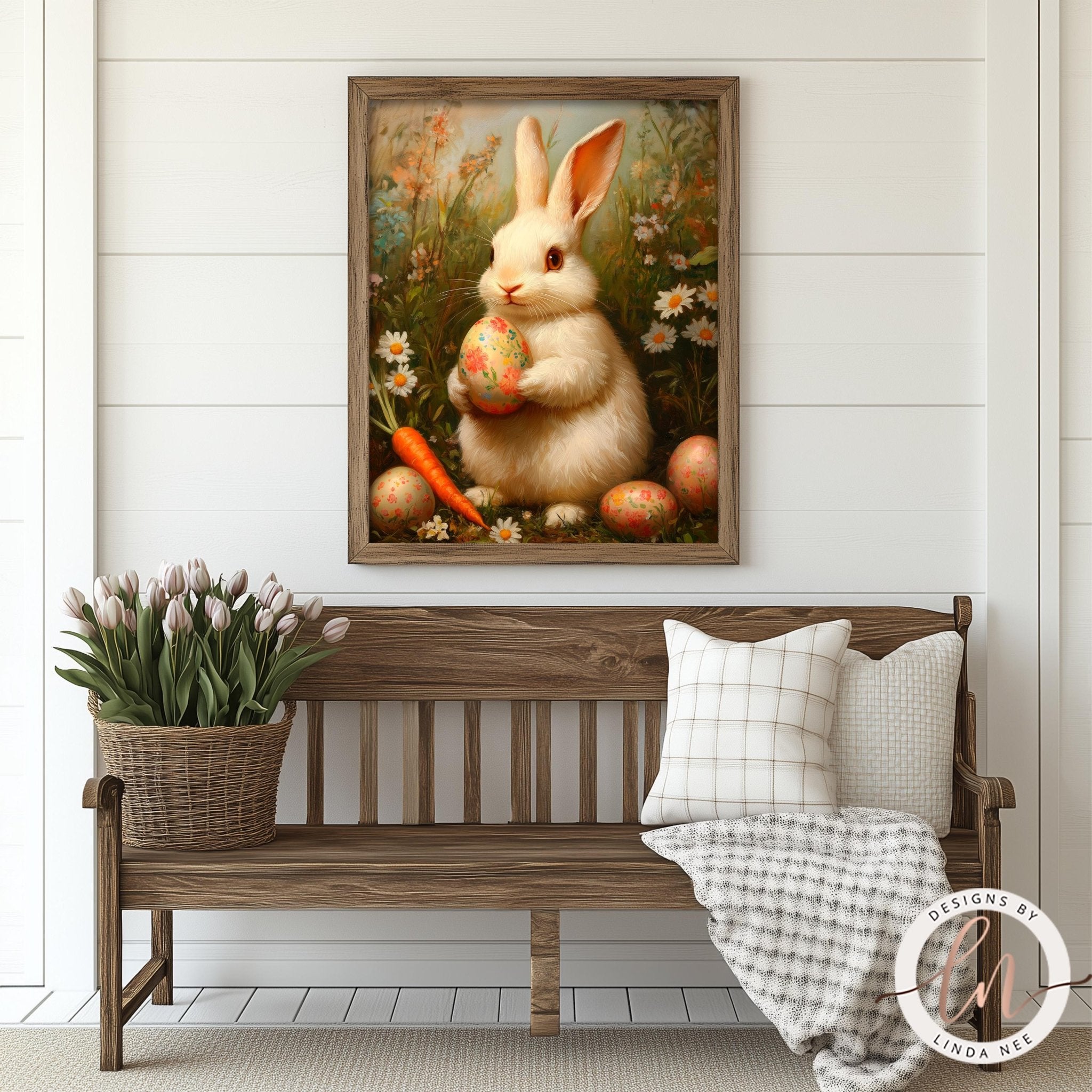 Easter Bunny Oil Painting - Vintage Spring Wall Art Decor