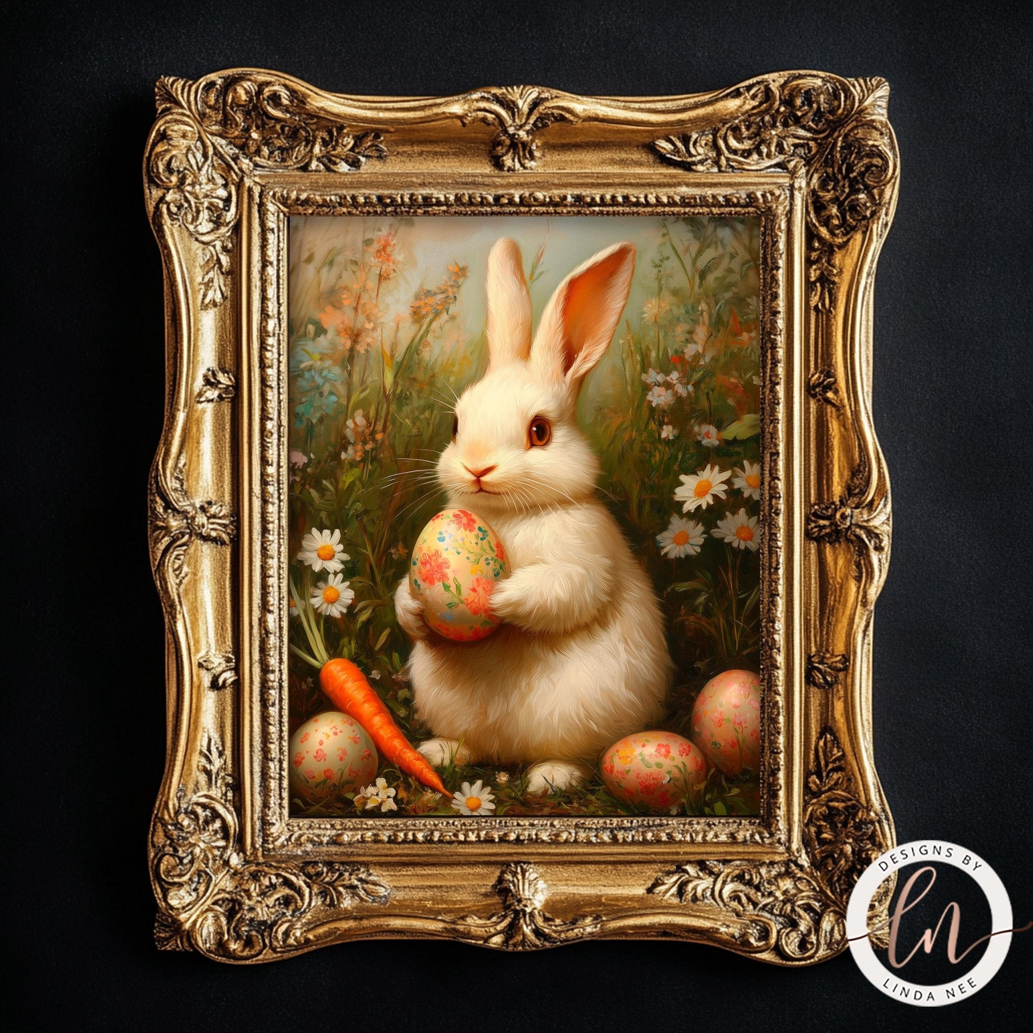 A painting of a white rabbit holding a decorated Easter egg, surrounded by flowers and carrots, in an ornate gold frame.