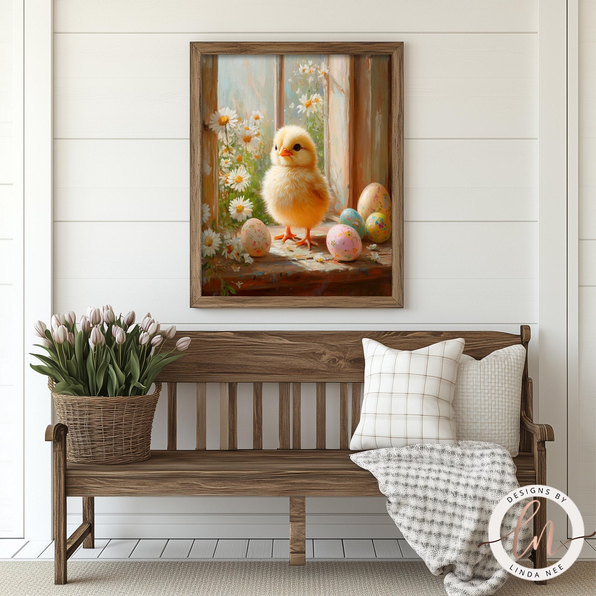A wooden bench with a basket of flowers and a framed painting of a small yellow chick sitting on a windowsill, surrounded by flowers and Easter eggs.
