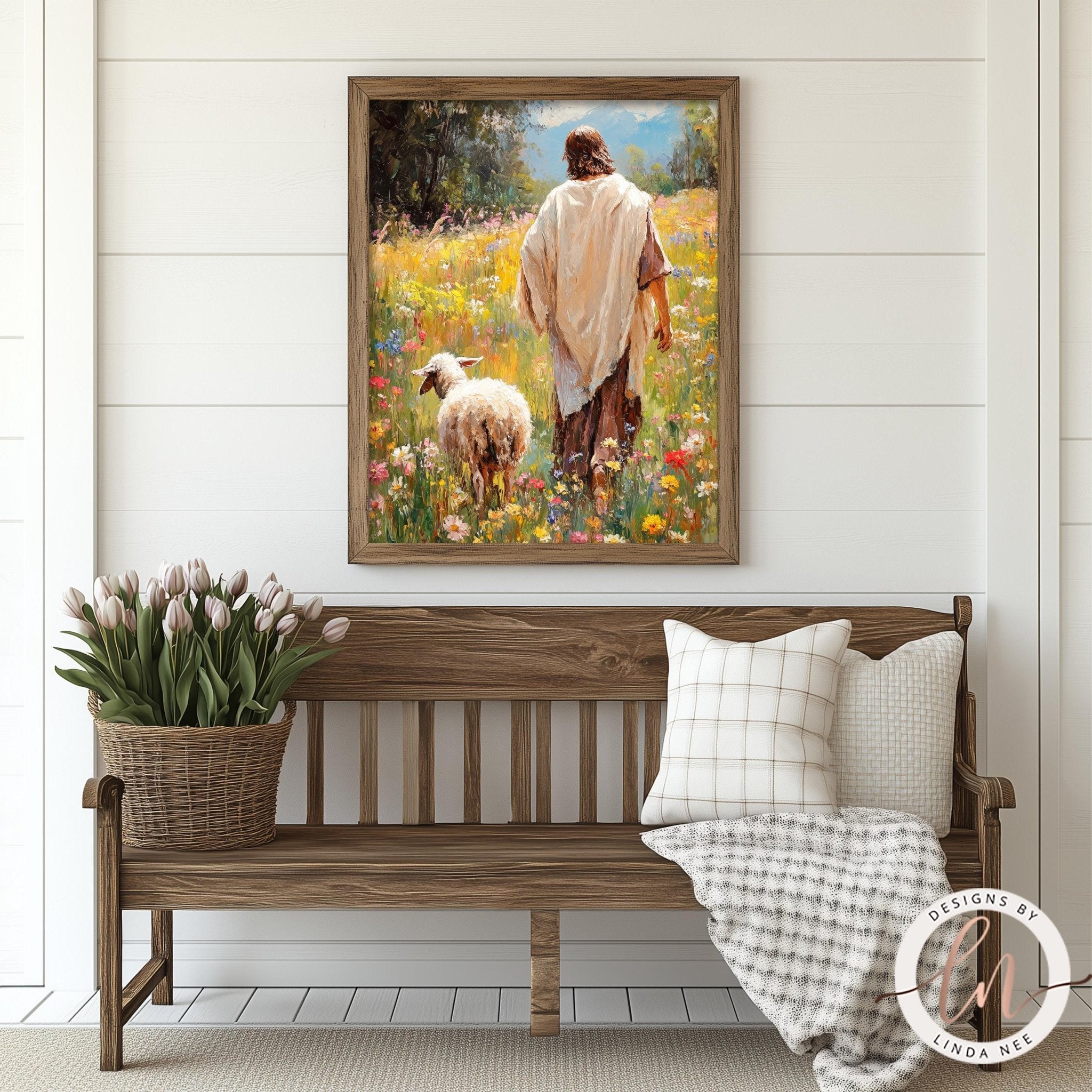 Easter Decor - Jesus Walking with Lamb Christian Wall Art