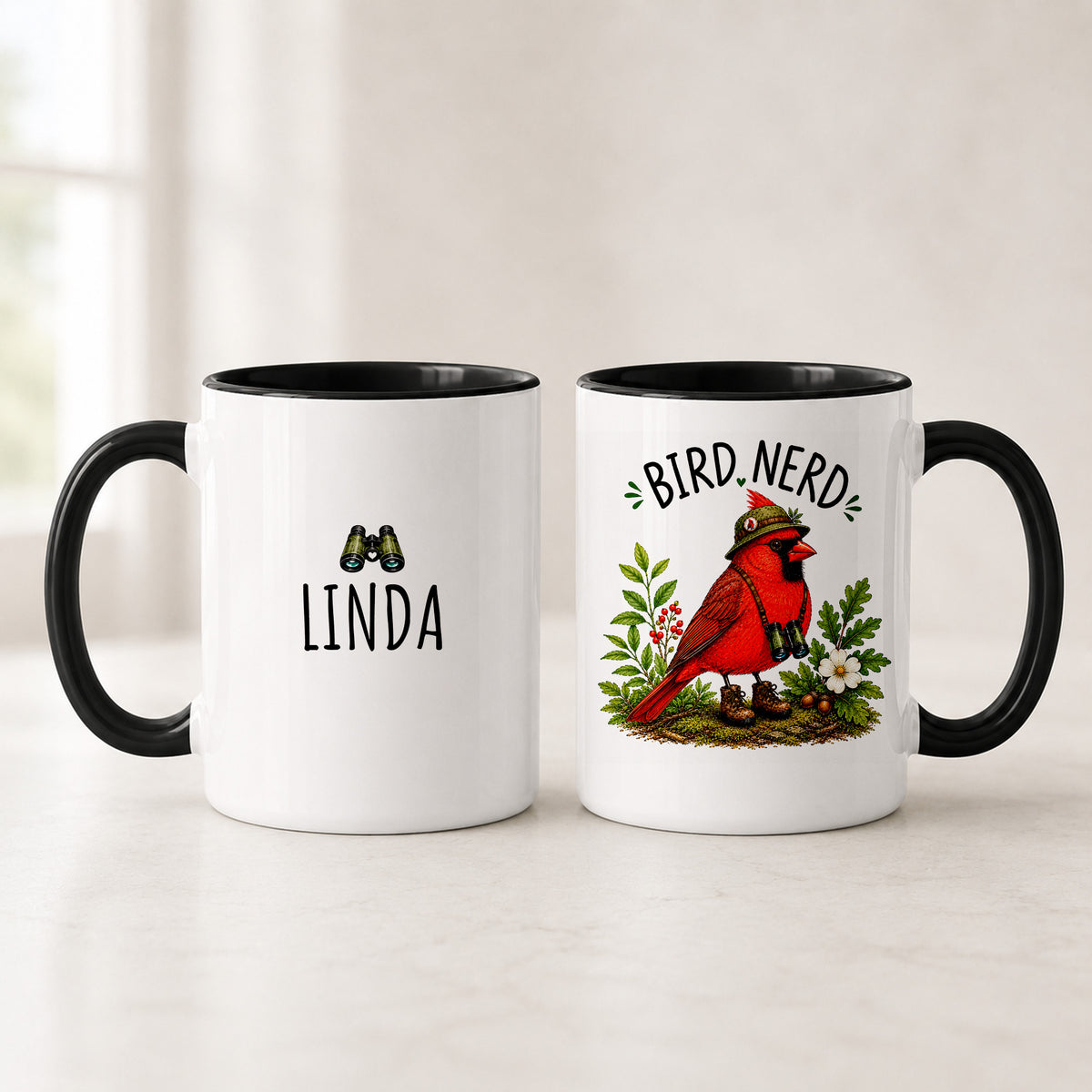 Black handle Northern Cardinal Bird Nerd mugs showing the name LINDA under binoculars and the field-dressed bird
