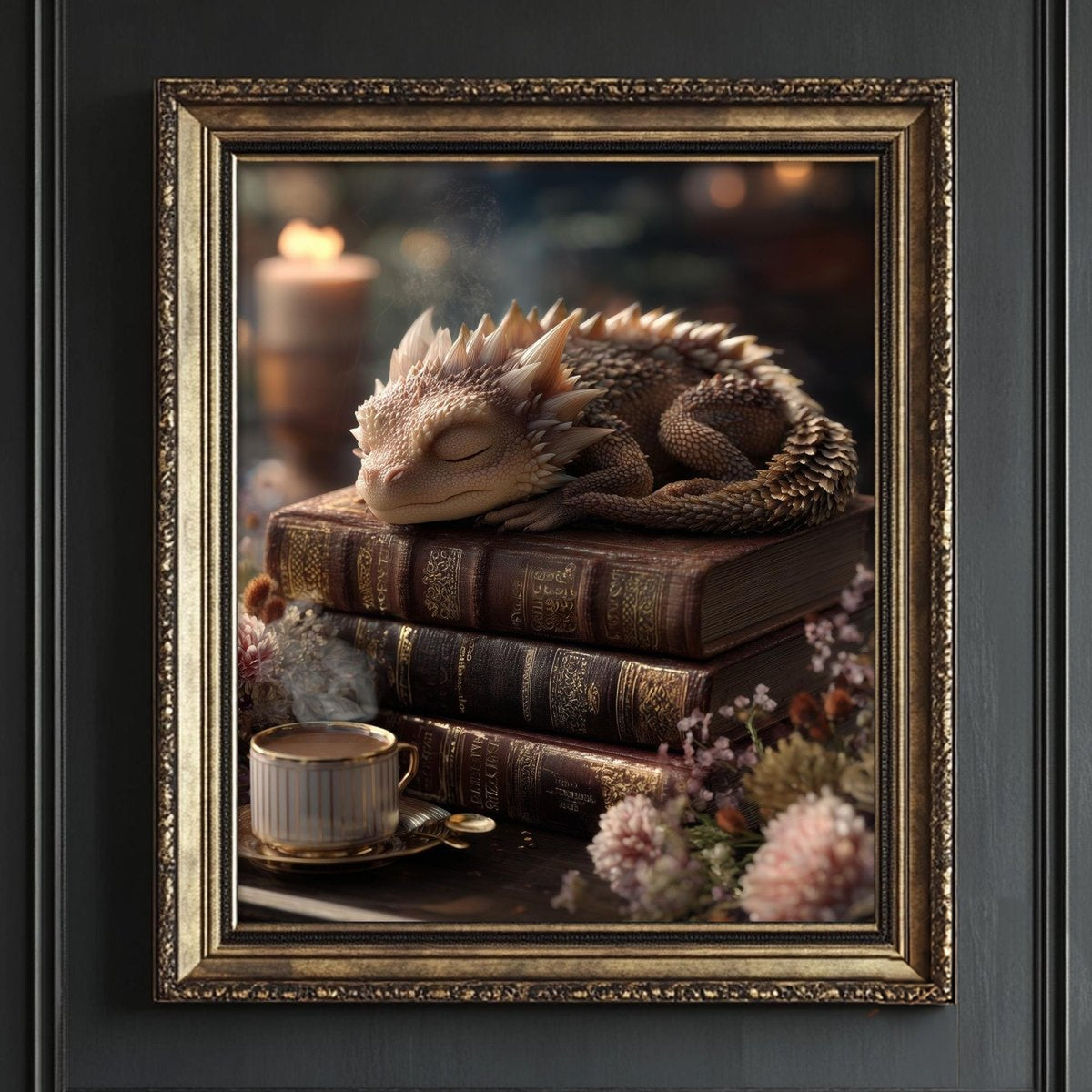 A framed image depicting a sleeping dragon resting on a stack of books, with a cup of tea nearby and flowers in the background.