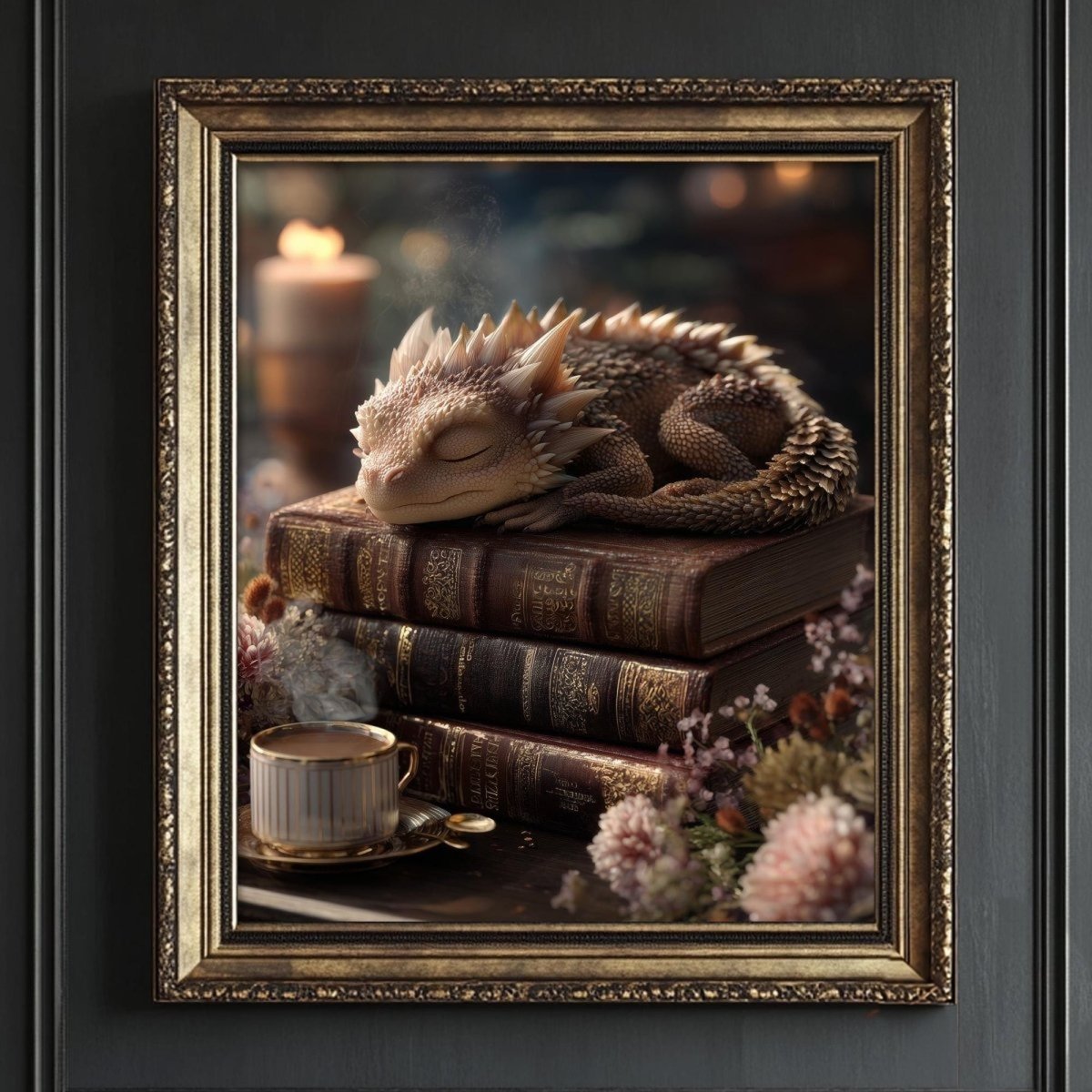A framed image depicting a sleeping dragon resting on a stack of books, with a cup of tea nearby and flowers in the background.