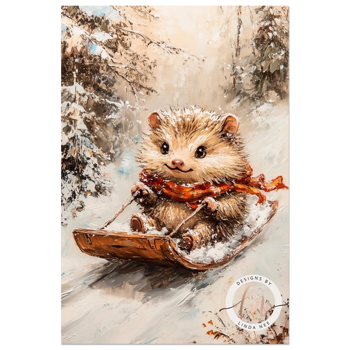 A small hedgehog wearing a red scarf is sitting on a sled in a snowy forest, with a snowy landscape and trees in the background.