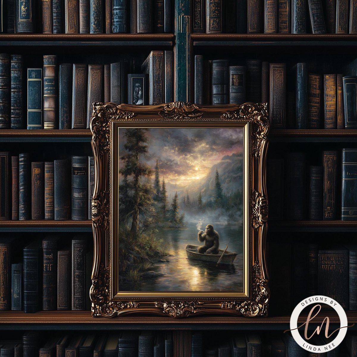 a painting of a person sitting in a boat on a lake, surrounded by trees and mountains, with a cloudy sky in the background. The painting is framed in an ornate gold frame and is displayed on a bookshelf filled with books.