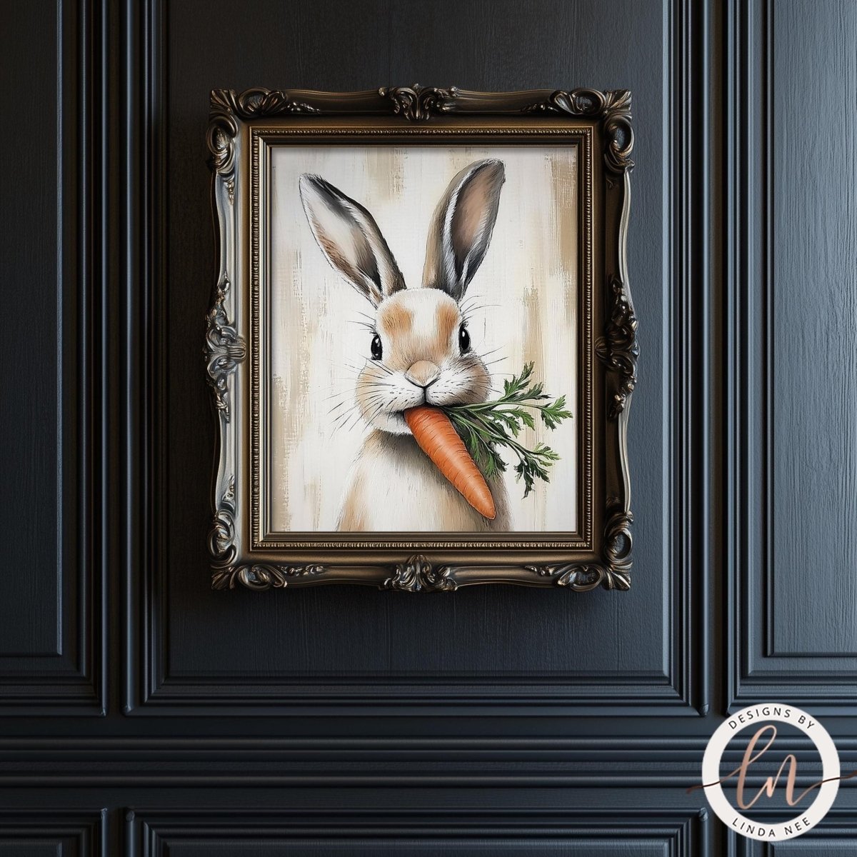 Rabbit holding a carrot against a softly textured background