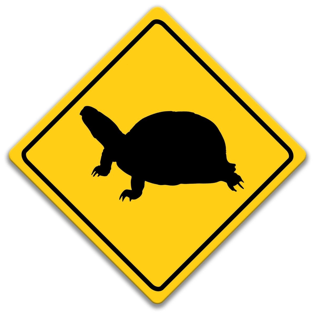 A yellow diamond-shaped road sign with a black silhouette of a turtle on it.