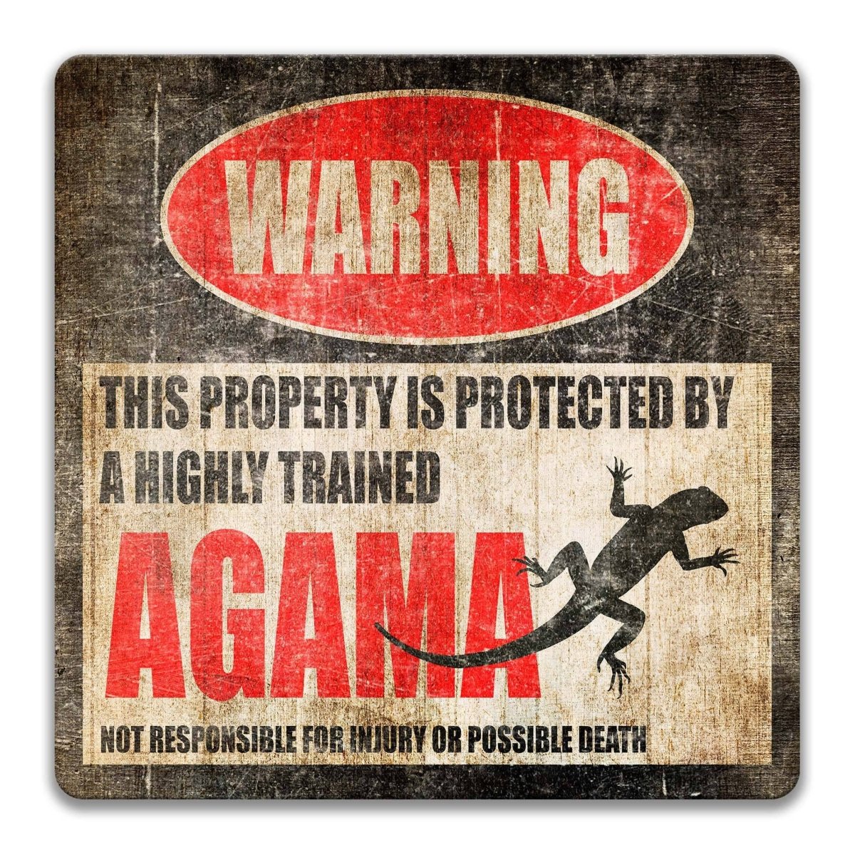 Square agama lizard warning sign, weathered finish, highly trained agama joke with lizard silhouette