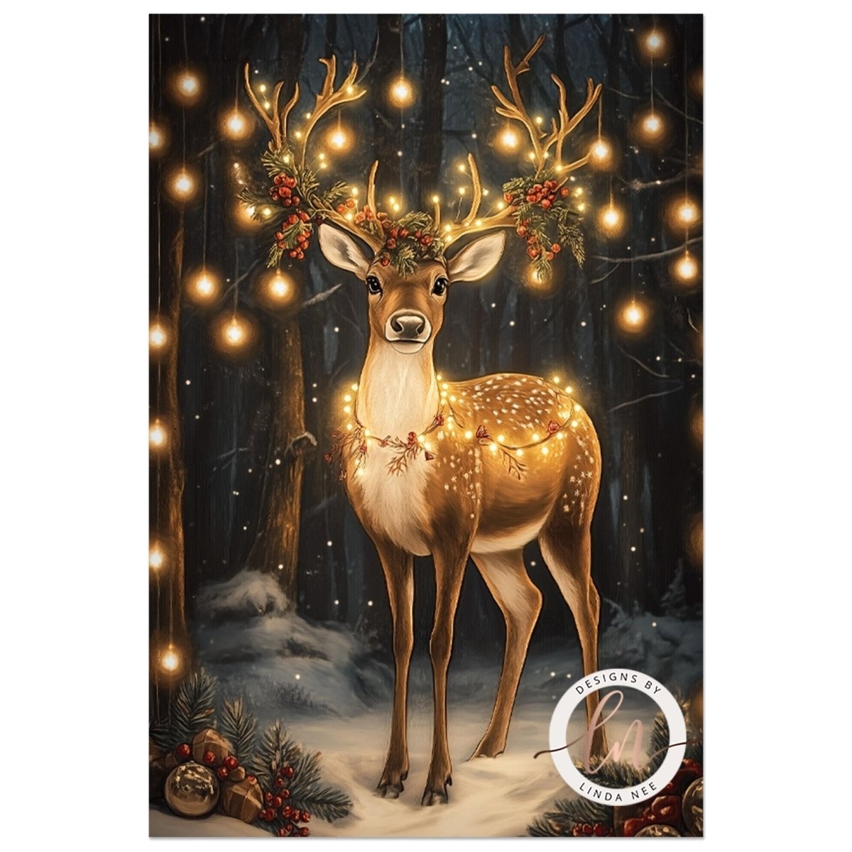 A deer adorned with Christmas lights stands in a snowy forest, surrounded by twinkling lights and festive decorations.