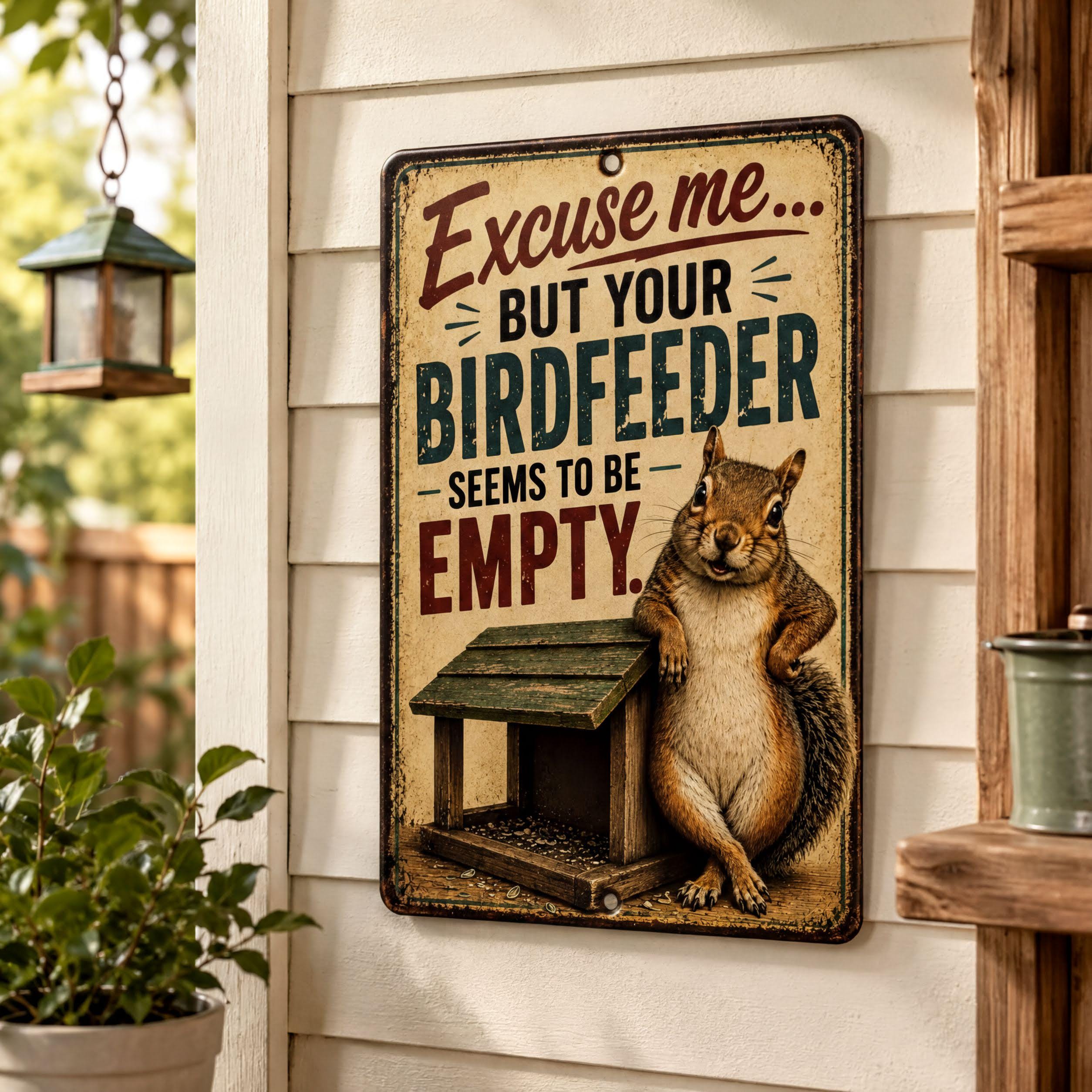 A metal sign with a squirrel on it, mounted on a wall.