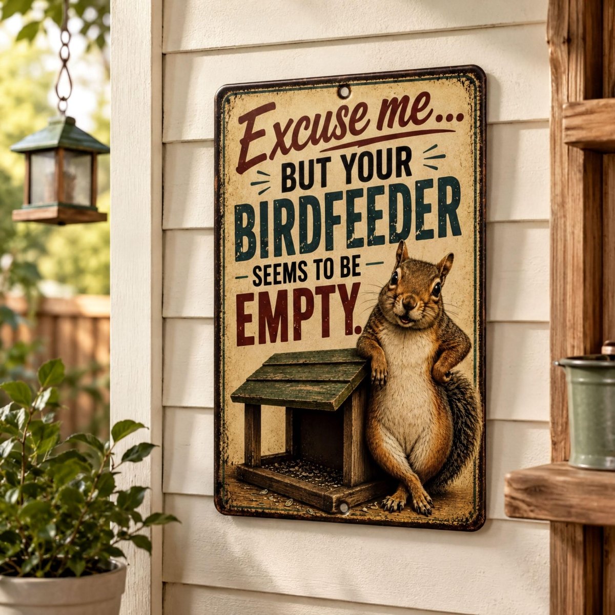 A metal sign with a squirrel on it, mounted on a wall.