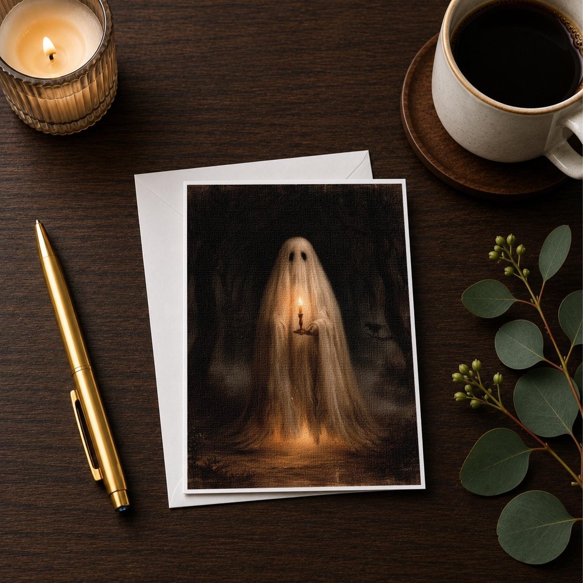 Woodland ghost note card styled on a wooden desk with a candle, a pen and a coffee cup