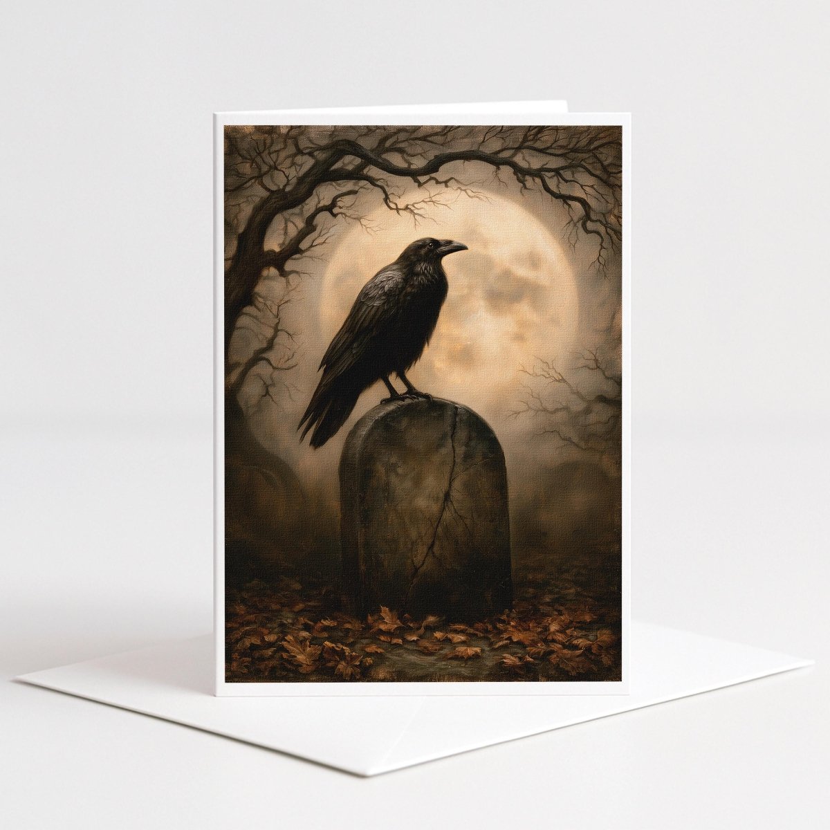 Black raven perched on a weathered gravestone under a full moon, gothic Halloween note card art