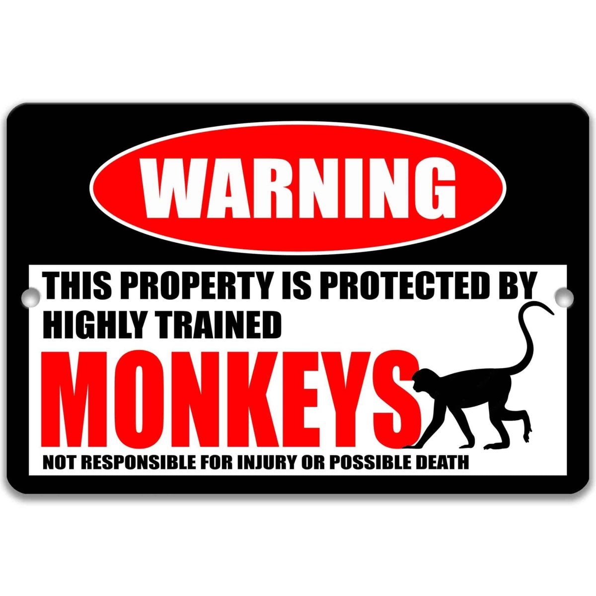 Monkey warning metal sign, glossy black, red WARNING oval and long-tailed monkey silhouette