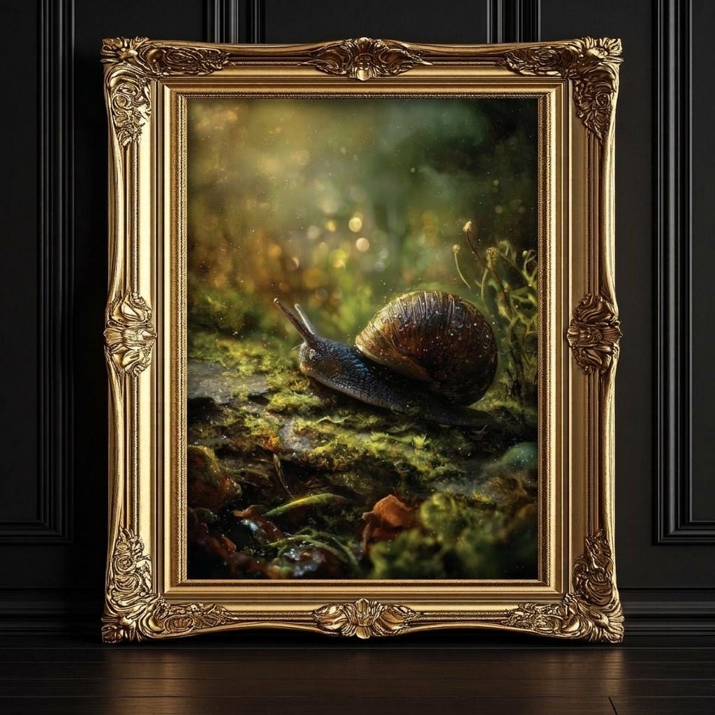 Golden shelled snail resting on moss and leaves