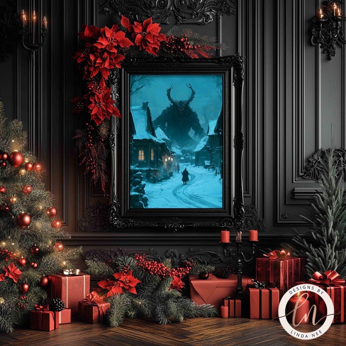 a dark, gothic-themed Christmas scene with a large framed picture of a monster-like creature in the background, surrounded by red poinsettias, red presents, and a decorated Christmas tree.