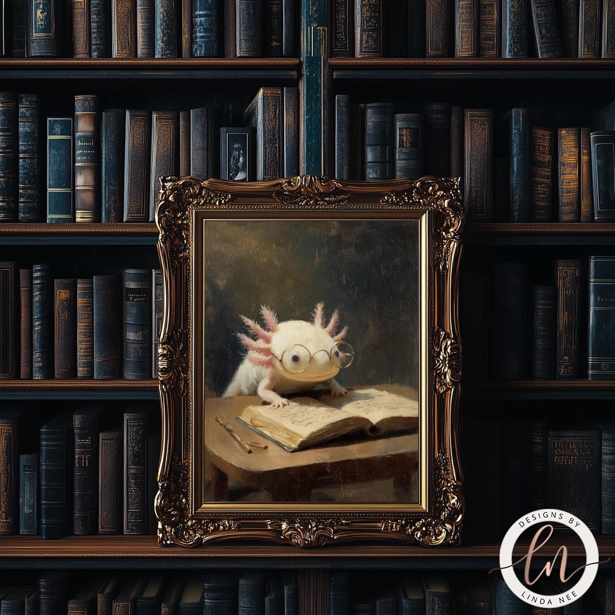A framed painting of a white amphibian, possibly a salamander or lizard, sitting on a table and reading a book. The painting is set against a background of bookshelves filled with books.