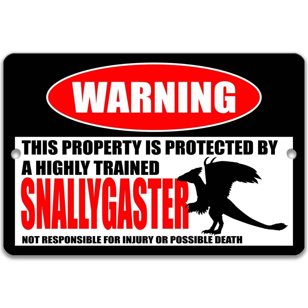 Snallygaster warning metal sign, glossy black, red WARNING oval and winged dragon-bird silhouette