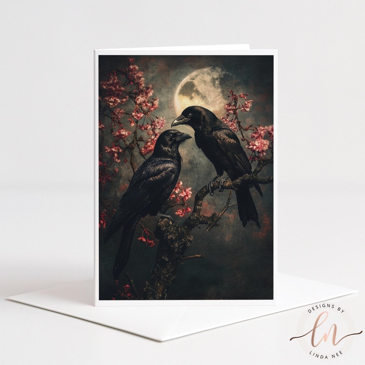 two black birds perched on a branch under a full moon, with pink flowers blooming in the background.