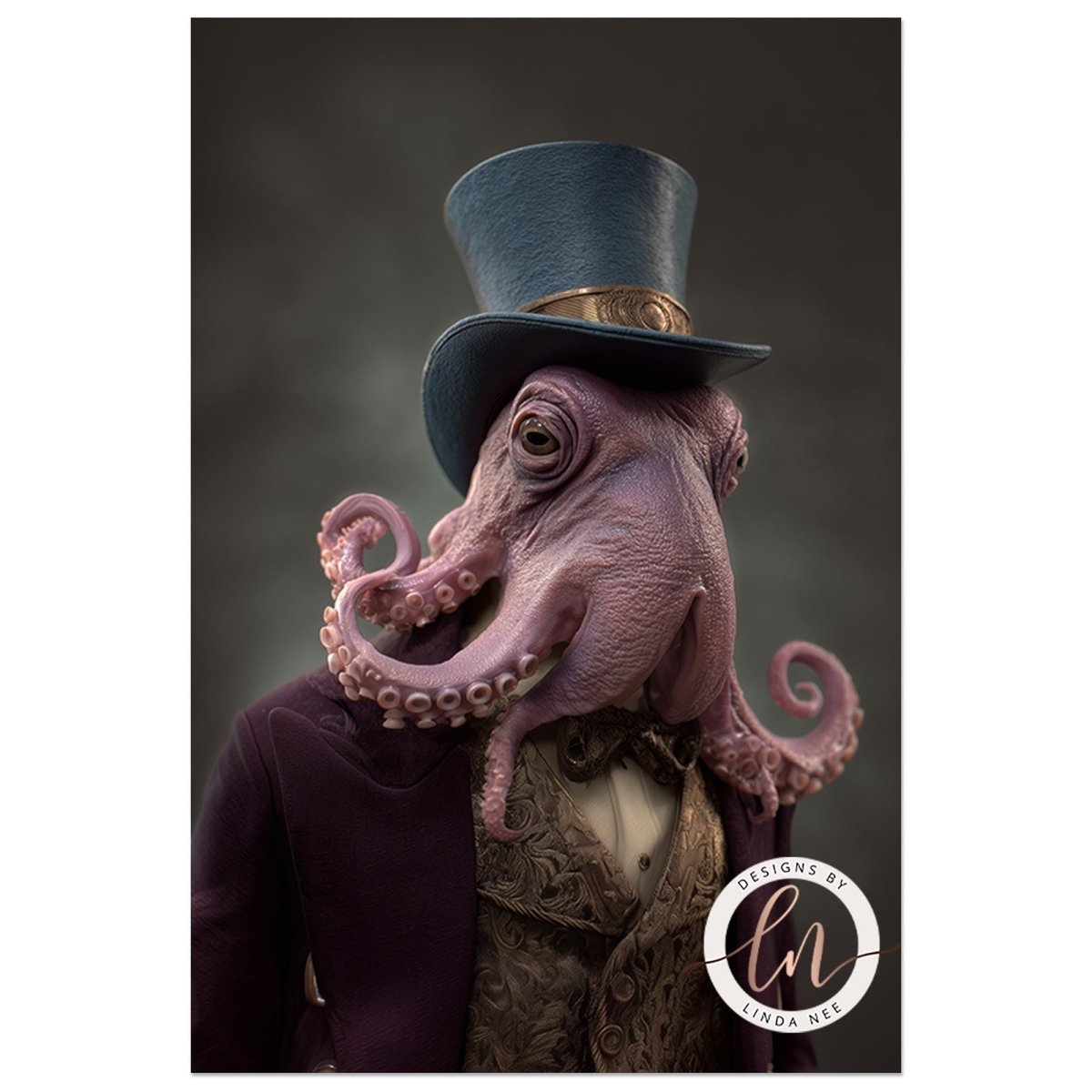 A purple octopus wearing a top hat and a suit, with a dark background.