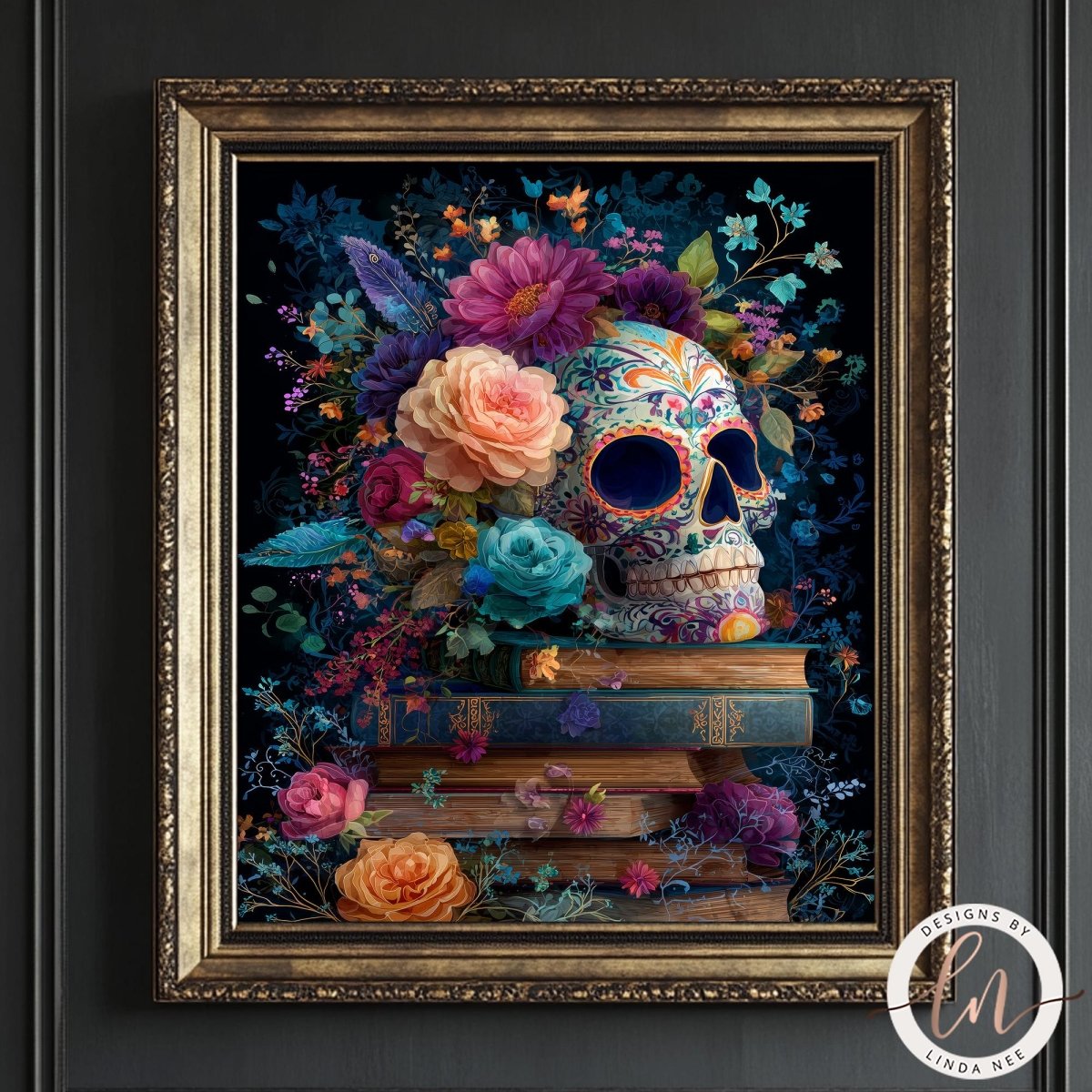 A framed artwork depicting a colorful and intricate skull surrounded by a vibrant floral arrangement, with books and flowers placed on top of it.