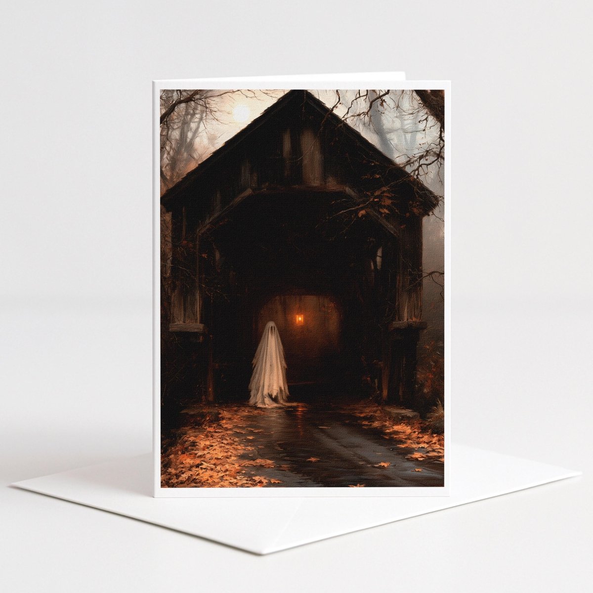 Ghost in a Covered Bridge Halloween note card art of a lone ghost in a glowing bridge in autumn mist